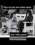 women right two women sitting on bench burqa hijab niqab one meter apart 1400 years
